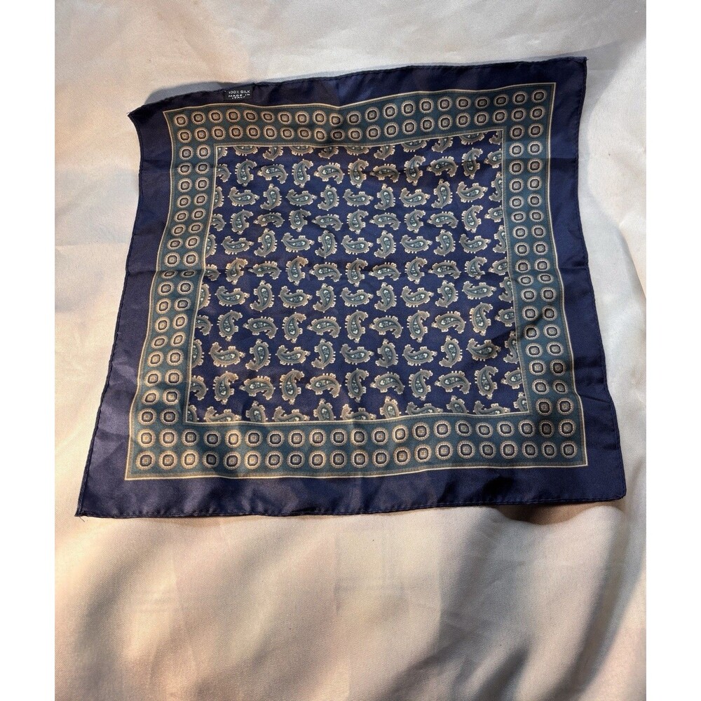 Vintage Scarf 100% Silk High End Pocket Square Navy Blue Gold Dots